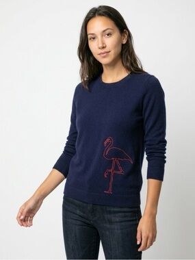 J.Crew Flamingo Sweater Medium Navy Merino Wool Blend Lightweight Crewneck